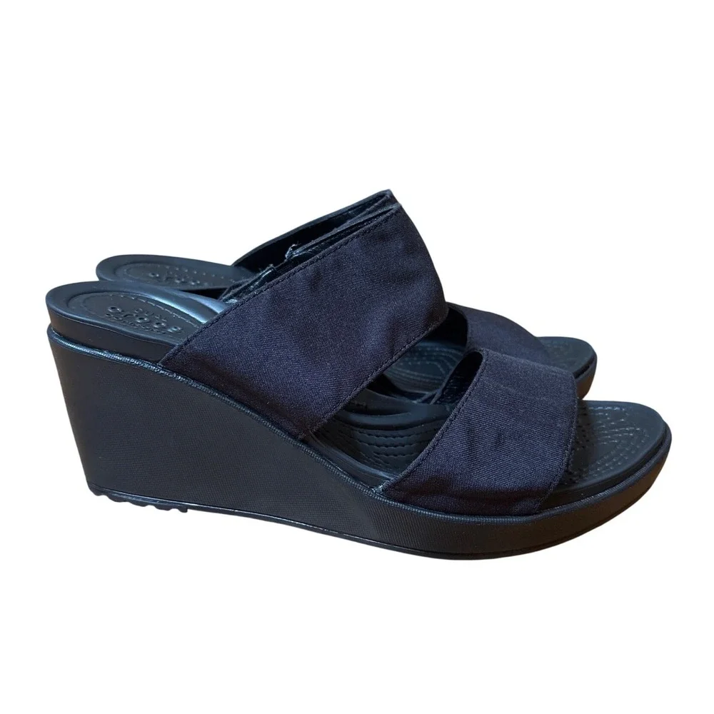 Crocs Leigh II Wedge Sandals Womens Black Dual Strap Slides SIZE 11